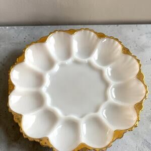 Vintage Milk Glass Deviled Egg Plate Gold Rim | Scalloped Edge | Anchor Hocking